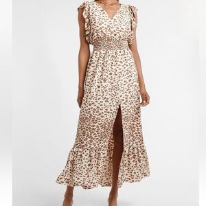 Express Leopard Print Maxi Dress w/ Flutter Sleeves and Sleek Leg Slit- XS